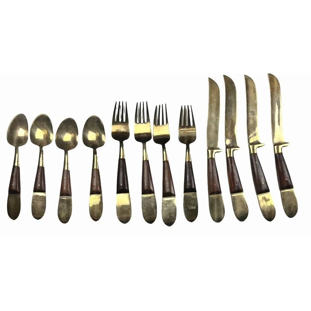 Vintage Siam Thailand Brass Buddha Flatware Set Wood Handle MCM 21pc